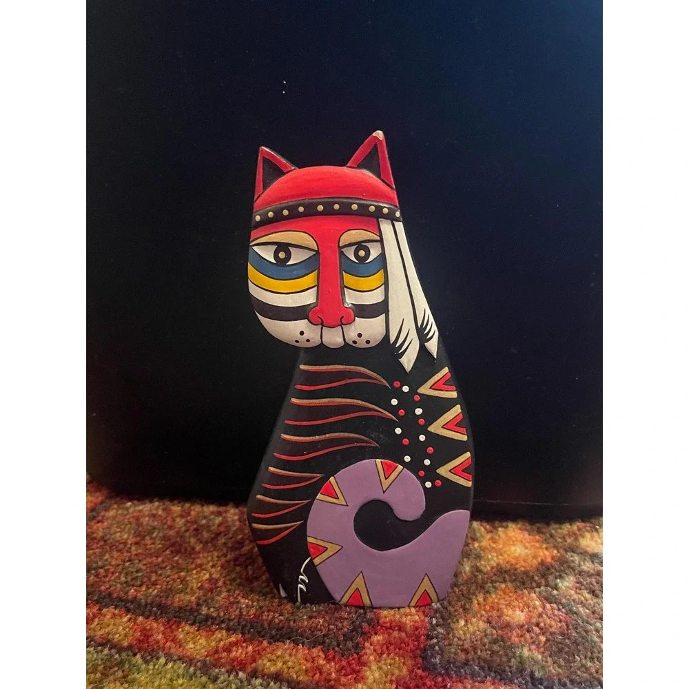 VTG Laurel Burch Style Cat Wood Carved Painted Sculpture Native American 5